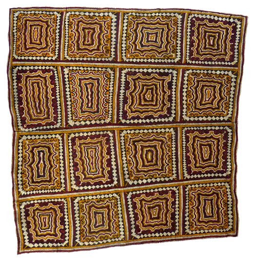Australian Indigenous (Aboriginal and Torres Strait Islander) artwork by LILA WARRIMOU (MISASO) of Omie Artists. The title is Odunaigë, Mahuva’oje Ohu’o Sabu Deje – Jungle Vines, Pig’s Hoofprints and Spots of the Wood-Boring Grub. [OM12-006] (Natural Pigments on Nioge (Woman’s Barkcloth Skirt))
