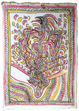 Australian Indigenous (Aboriginal and Torres Strait Islander) artwork by FATE SAVARI (ISAWDI) of Omie Artists. The title is Old legend story of Buruhé (Eagle). [14-229] (Pencil and Ink on Paper)