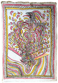 Australian Indigenous (Aboriginal and Torres Strait Islander) artwork by FATE SAVARI (ISAWDI) of Omie Artists. The title is Old legend story of Buruhé (Eagle). [14-229] (Pencil and Ink on Paper)
