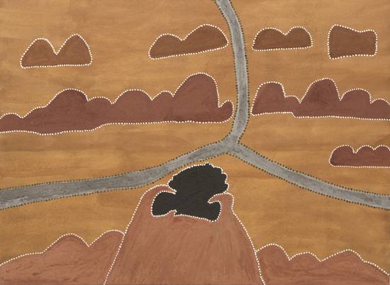 Australian Indigenous (Aboriginal and Torres Strait Islander) artwork by NANCY NODEA of Warmun Artists. The title is Old Texas Way. [WAC 610/06] (Natural Ochre and Pigments on Canvas)