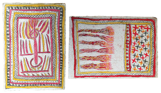 Australian Indigenous (Aboriginal and Torres Strait Islander) artwork by FATE SAVARI (ISAWDI) of Omie Artists. The title is Omie amovu, hin’e, mahudan’e, mahu an’e - Story of the first mustard (with pig’s tusks and teeth) & Fire story of River Ido (Part I). [14-215 (01 & 02)] (Pencil and Ink on Paper)