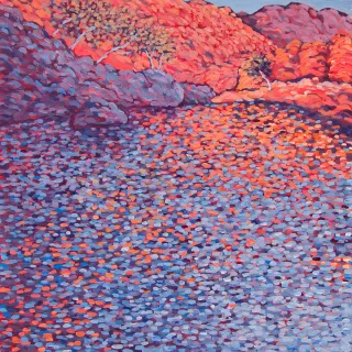 Australian Indigenous (Aboriginal and Torres Strait Islander) artwork by SARAH BROWN of Miscellaneous Artists. The title is Ormiston Gorge, Central Australia. [SB201512001] (Acrylic on Gesso Board)