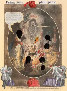 Australian Indigenous (Aboriginal and Torres Strait Islander) artwork by BROOK ANDREW of . The title is Prime new plan: panic (8/30). [N/A] (Four-Colour Photolithograph, with Collaged Photolithograph Elements and Hand Colour - Edition of 30)