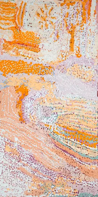 Australian Indigenous (Aboriginal and Torres Strait Islander) artwork by ELIZABETH NYUMI of Warlayirti Artists (Balgo). The title is Parwalla. [61/10] (Acrylic on Linen)