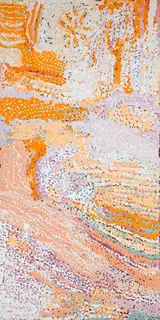 Australian Indigenous (Aboriginal and Torres Strait Islander) artwork by ELIZABETH NYUMI of Warlayirti Artists (Balgo). The title is Parwalla. [61/10] (Acrylic on Linen)