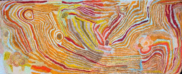 Australian Indigenous (Aboriginal and Torres Strait Islander) artwork by ELIZABETH NYUMI of Warlayirti Artists (Balgo). The title is Parwalla. [250/11] (Acrylic on Linen)