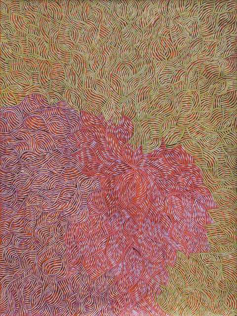 Australian Indigenous (Aboriginal and Torres Strait Islander) artwork by EVA NARGOODAH of Mangkaja Artists. The title is Pupaja/Beefwood. [248/15] (Atelier Acrylic Paint on 14oz Canvas)