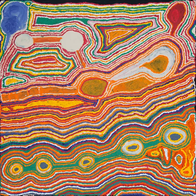 Australian Indigenous (Aboriginal and Torres Strait Islander) artwork by JIMMY DONEGAN of Ninuku Arts. The title is Papa Tjukurpa (Dingo Dreaming). [14-214] (Acrylic on Linen)