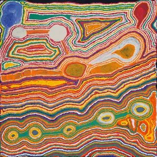 Australian Indigenous (Aboriginal and Torres Strait Islander) artwork by JIMMY DONEGAN of Ninuku Arts. The title is Papa Tjukurpa (Dingo Dreaming). [14-214] (Acrylic on Linen)