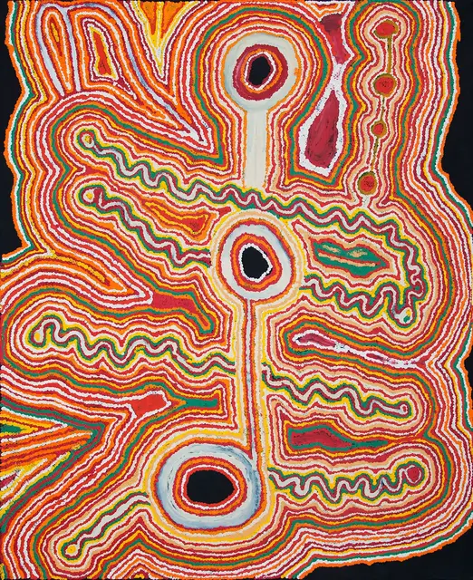 Australian Indigenous (Aboriginal and Torres Strait Islander) artwork by JIMMY DONEGAN of Ninuku Arts. The title is Papa Tjukurpa (Dingo Dreaming). [14-229] (Acrylic on Linen)