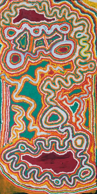 Australian Indigenous (Aboriginal and Torres Strait Islander) artwork by JIMMY DONEGAN of Ninuku Arts. The title is Papa Tjukurpa (Dingo Dreaming). [14-240] (Acrylic on Linen)