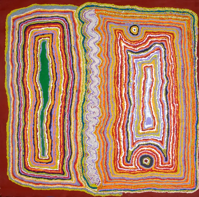 Australian Indigenous (Aboriginal and Torres Strait Islander) artwork by JIMMY DONEGAN of Ninuku Arts. The title is Pukara. [NKJD10393] (Acrylic on Linen)