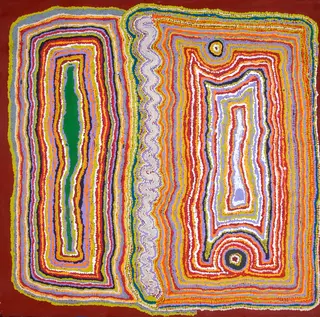 Australian Indigenous (Aboriginal and Torres Strait Islander) artwork by JIMMY DONEGAN of Ninuku Arts. The title is Pukara. [NKJD10393] (Acrylic on Linen)