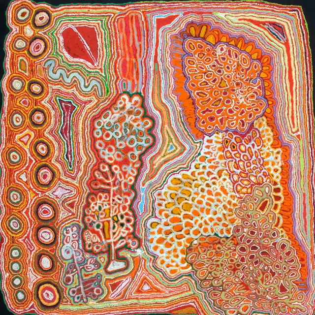 Australian Indigenous (Aboriginal and Torres Strait Islander) artwork by JIMMY DONEGAN of Ninuku Arts. The title is Pukara. [NKJD12417] (Acrylic on Linen)