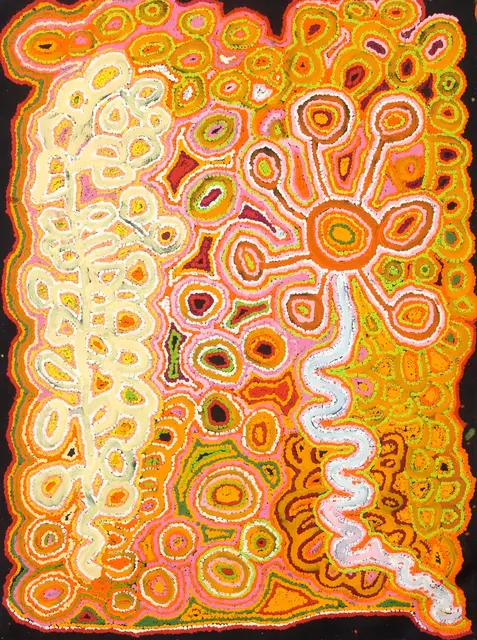 Australian Indigenous (Aboriginal and Torres Strait Islander) artwork by JIMMY DONEGAN of Ninuku Arts. The title is Pukara. [NKJD12418] (Acrylic on Linen)