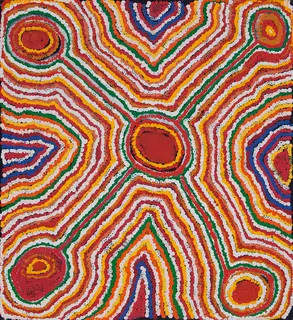 Australian Indigenous (Aboriginal and Torres Strait Islander) artwork by JIMMY DONEGAN of Ninuku Arts. The title is Pukara. [14-59] (Acrylic on Linen)