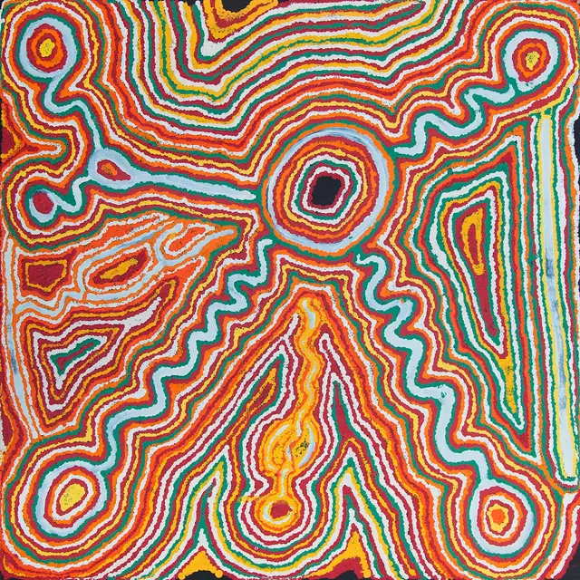 Australian Indigenous (Aboriginal and Torres Strait Islander) artwork by JIMMY DONEGAN of Ninuku Arts. The title is Pukara. [15-98] (Acrylic on Linen)