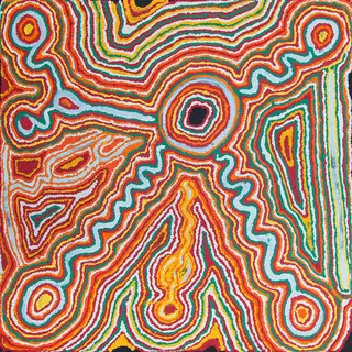 Australian Indigenous (Aboriginal and Torres Strait Islander) artwork by JIMMY DONEGAN of Ninuku Arts. The title is Pukara. [15-98] (Acrylic on Linen)