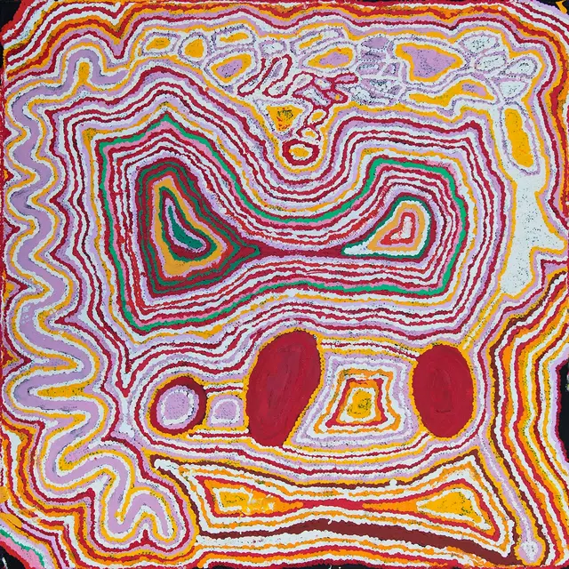 Australian Indigenous (Aboriginal and Torres Strait Islander) artwork by JIMMY DONEGAN of Ninuku Arts. The title is Pukara. [15-201] (Acrylic on Belgian Linen)
