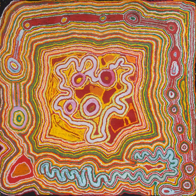Australian Indigenous (Aboriginal and Torres Strait Islander) artwork by JIMMY DONEGAN of Ninuku Arts. The title is Pukara. [15-207] (Acrylic on Belgian Linen)