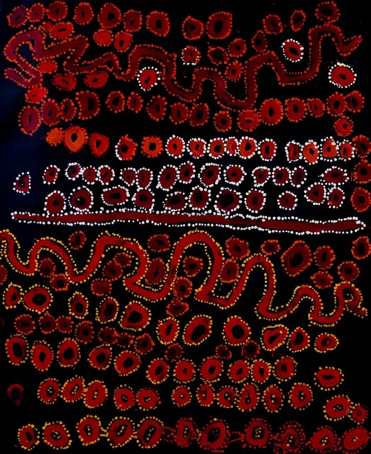 Australian Indigenous (Aboriginal and Torres Strait Islander) artwork by LAWRENCE PENNINGTON of Spinifex Artists. The title is Pukara. [13181] (Acrylic on Linen)
