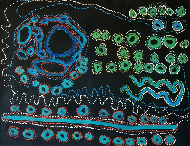Australian Indigenous (Aboriginal and Torres Strait Islander) artwork by LAWRENCE PENNINGTON of Spinifex Artists. The title is Pukara. [14210] (Acrylic on Linen)