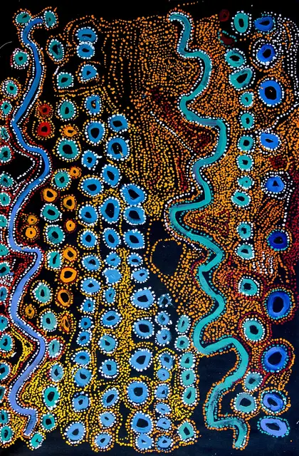 Australian Indigenous (Aboriginal and Torres Strait Islander) artwork by LAWRENCE PENNINGTON of Spinifex Artists. The title is Pukara. [14246] (Acrylic on Linen)
