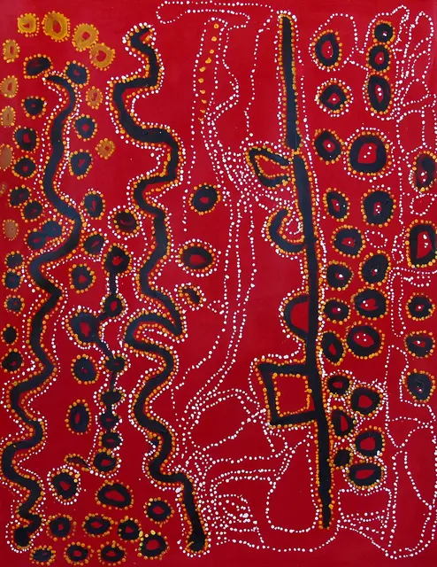 Australian Indigenous (Aboriginal and Torres Strait Islander) artwork by LAWRENCE PENNINGTON of Spinifex Artists. The title is Pukara. [15-41] (Acrylic on Linen)