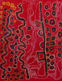 Australian Indigenous (Aboriginal and Torres Strait Islander) artwork by LAWRENCE PENNINGTON of Spinifex Artists. The title is Pukara. [15-41] (Acrylic on Linen)