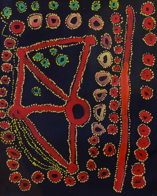 Australian Indigenous (Aboriginal and Torres Strait Islander) artwork by LAWRENCE PENNINGTON of Spinifex Artists. The title is Pukara. [15-53] (Acrylic on Linen)