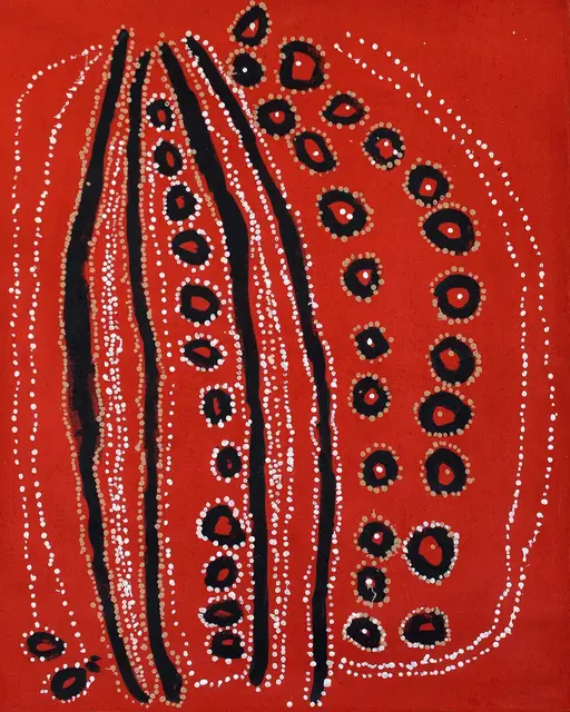 Australian Indigenous (Aboriginal and Torres Strait Islander) artwork by LAWRENCE PENNINGTON of Spinifex Artists. The title is Pukara. [15-107] (Acrylic on Linen)