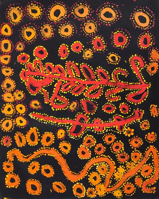 Australian Indigenous (Aboriginal and Torres Strait Islander) artwork by LAWRENCE PENNINGTON of Spinifex Artists. The title is Pukara. [14112] (Acrylic on Linen)