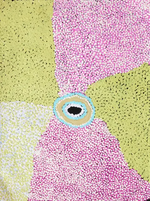 Australian Indigenous (Aboriginal and Torres Strait Islander) artwork by LUCY LOOMOO of Warlayirti Artists (Balgo). The title is Punmu. [411/09] (Acrylic on Linen)