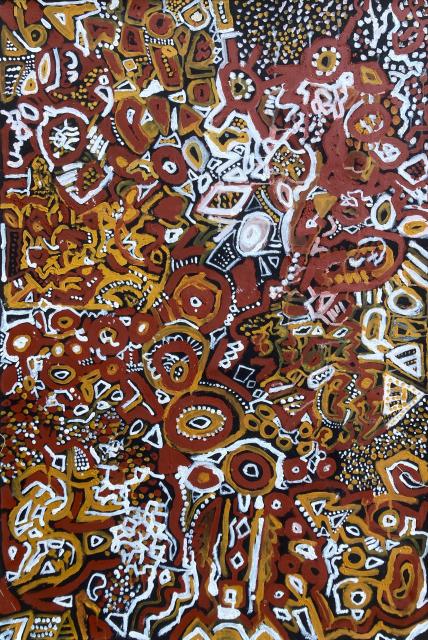 Australian Indigenous (Aboriginal and Torres Strait Islander) artwork by LEON (CAMERON) RUSSELL BLACK of Munupi Artists. The title is Pupuni Jilamara. [21-95] (Ochre on Canvas)