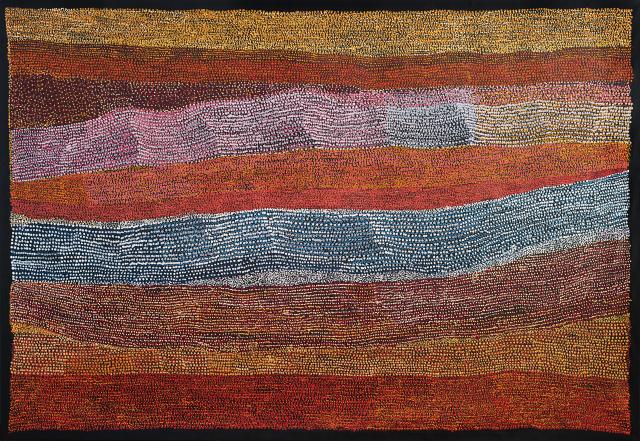 Australian Indigenous (Aboriginal and Torres Strait Islander) artwork by KUNMANARA PATJU PRESLEY of Spinifex Artists. The title is Pinanti. [24-76] (Acrylic on Linen)