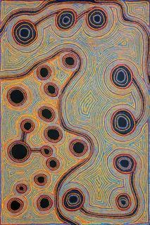 Australian Indigenous (Aboriginal and Torres Strait Islander) artwork by PAULINE SUNFLY of Warlayirti Artists (Balgo). The title is Poyarri. [264/09] (Acrylic on Linen)