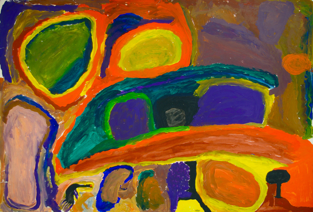 Australian Indigenous (Aboriginal and Torres Strait Islander) artwork by PAJI WAJINA HONEYCHILD YANKARR of Mangkaja Artists. The title is Purrlujarra. [wp305/92] (Derivan Matisse Acrylic - 250gsm Velin Arches Paper)