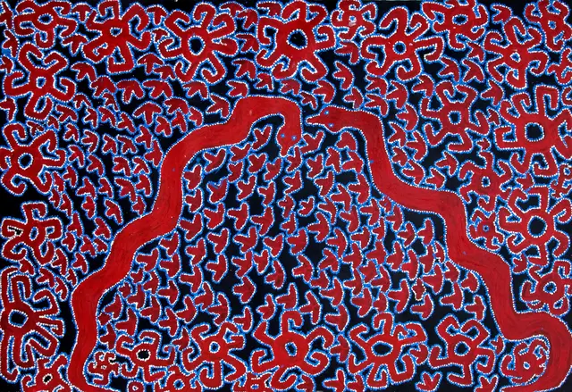 Australian Indigenous (Aboriginal and Torres Strait Islander) artwork by ROY UNDERWOOD of Spinifex Artists. The title is Pukara. [C1078] (Acrylic on Canvas)