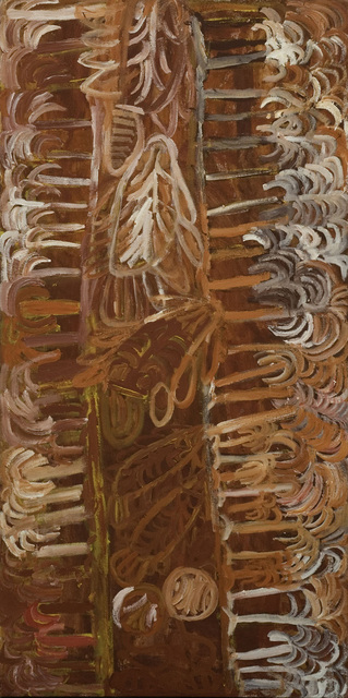 Australian Indigenous (Aboriginal and Torres Strait Islander) artwork by SONIA KURARRA of Mangkaja Artists. The title is Parlka And Palm Trees. [14/07] (Atelier Acrylic Paint on 14oz Canvas)