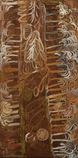 Australian Indigenous (Aboriginal and Torres Strait Islander) artwork by SONIA KURARRA of Mangkaja Artists. The title is Parlka And Palm Trees. [14/07] (Atelier Acrylic Paint on 14oz Canvas)