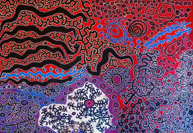 Australian Indigenous (Aboriginal and Torres Strait Islander) artwork by VARIOUS SPINIFEX ARTISTS (COLLABORATIVE) of Spinifex Artists. The title is Pila Ngura. [15-001a] (Acrylic on Linen)