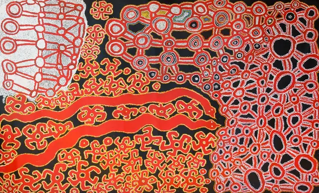 Australian Indigenous (Aboriginal and Torres Strait Islander) artwork by VARIOUS SPINIFEX ARTISTS (COLLABORATIVE) of Spinifex Artists. The title is Pukara. [13295] (Acrylic on Canvas)