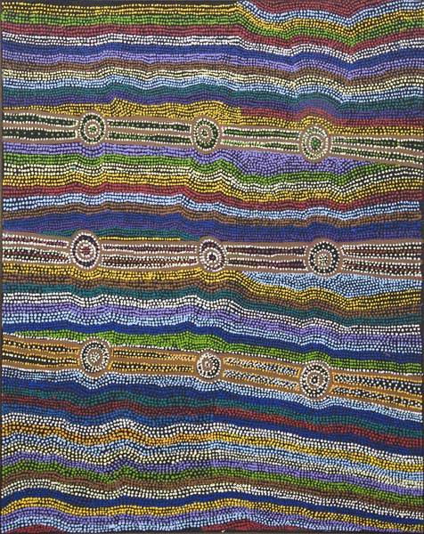 Australian Indigenous (Aboriginal and Torres Strait Islander) artwork by PADDY KUNMANARA of Tjala Artists. The title is Paddy’s Story of His Country. [496-06] (Acrylic on Linen)