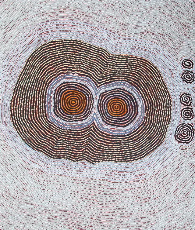Australian Indigenous (Aboriginal and Torres Strait Islander) artwork by CHARLIE TJAPANGATI of Papunya Tula Artists. The title is Palipalintjanya. [CT1611053] (Acrylic on Belgian Linen)