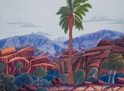 Australian Indigenous (Aboriginal and Torres Strait Islander) artwork by KEVIN NAMATJIRA of Ngurratjuta Iltja Ntjarra (Many Hands). The title is Palm Valley, NT. [159-15] (Watercolour on Paper)