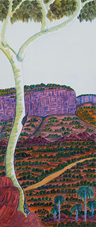 Australian Indigenous (Aboriginal and Torres Strait Islander) artwork by MARIE ABBOTT-RAMJOHN of Ngurratjuta Iltja Ntjarra (Many Hands). The title is Palm Valley, NT. [323-10] (Watercolour with Board Backing)