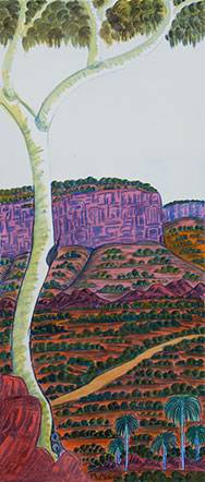 Australian Indigenous (Aboriginal and Torres Strait Islander) artwork by MARIE ABBOTT-RAMJOHN of Ngurratjuta Iltja Ntjarra (Many Hands). The title is Palm Valley, NT. [323-10] (Watercolour with Board Backing)