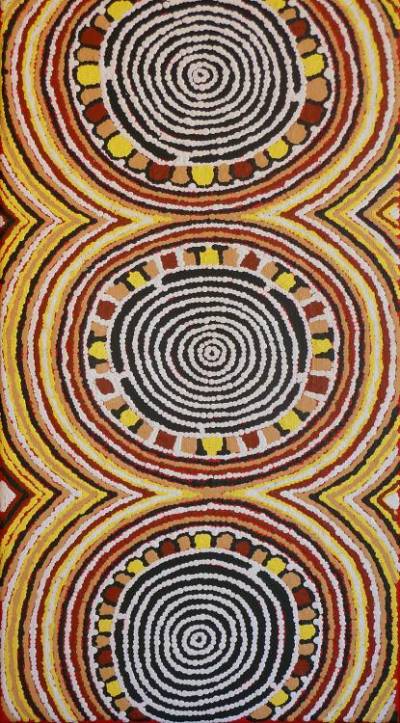 Australian Indigenous (Aboriginal and Torres Strait Islander) artwork by AGNES NAMPIJINPA BROWN of Warlukurlangu Artists (Yuendumu). The title is Pamapardu Jukurrpa (Flying Ant Dreaming) - Wapurtali. [985/11] (Acrylic on Belgian Linen)