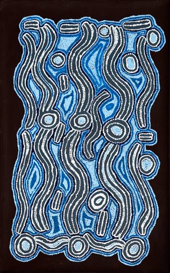 Australian Indigenous (Aboriginal and Torres Strait Islander) artwork by BESSIE NAKAMARRA SIMS of Warlukurlangu Artists (Yuendumu). The title is Pamapardu Jukurrpa (Flying ant Dreaming) - Wapurtali. [1232/09] (Acrylic on Linen)