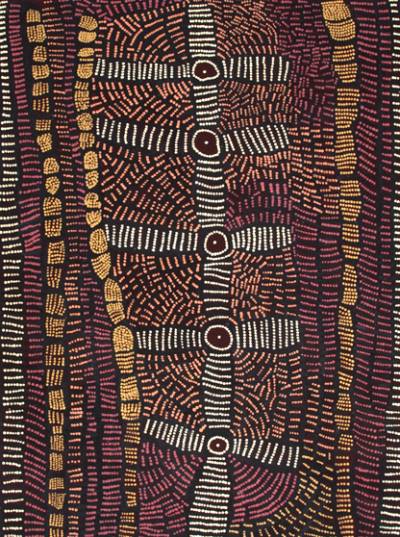 Australian Indigenous (Aboriginal and Torres Strait Islander) artwork by DORIS BUSH NUNGARRAYI of Papunya Tjupi Artists. The title is Papa Tjukurrpa (Dog Dreaming) - Nyumannu. [021-10] (Acrylic on Linen)